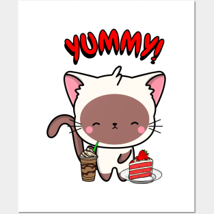 Cute white cat is having coffee and cake Posters and Art